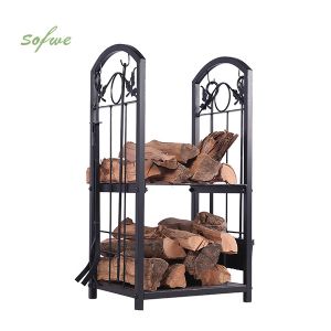 Iron Firewood Storage Rack with Fireplace Tools